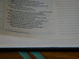 Close-up of an open Bible with a red, white, and blue bookmark