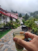 A close-up vertical card of a luxury traveler's hand holding a cup of tea overlooking the Wayanad hills at sunrise with a soft overlay.