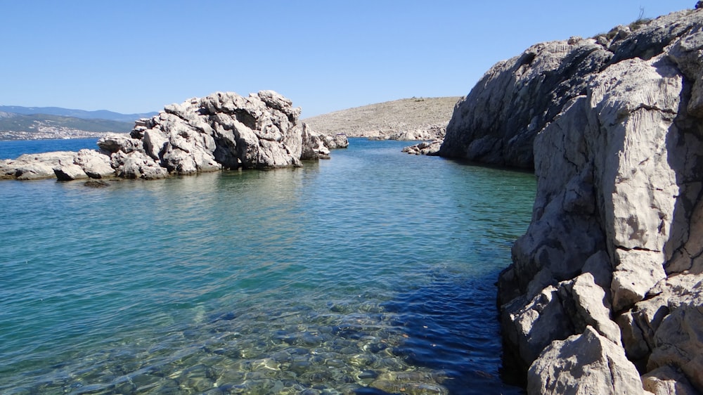 a body of water surrounded by large rocks
