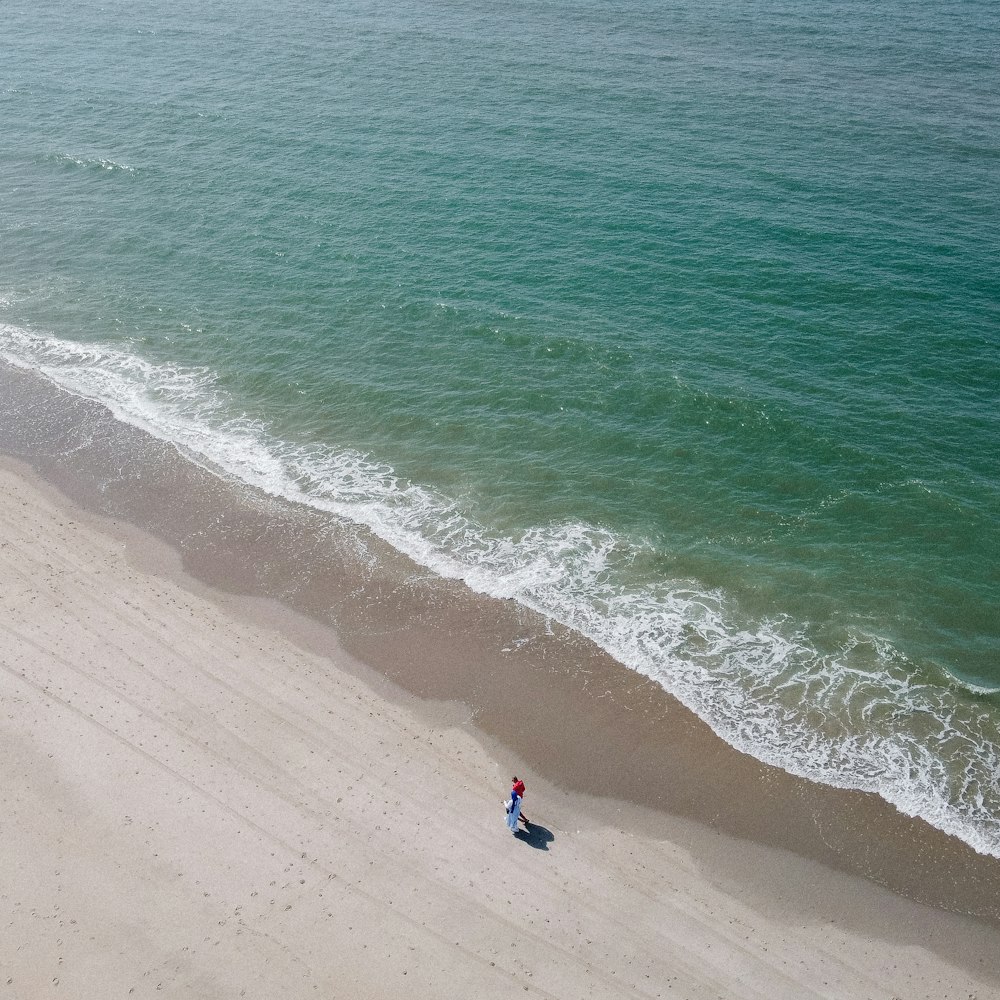 a person walking on a beach next to the ocean