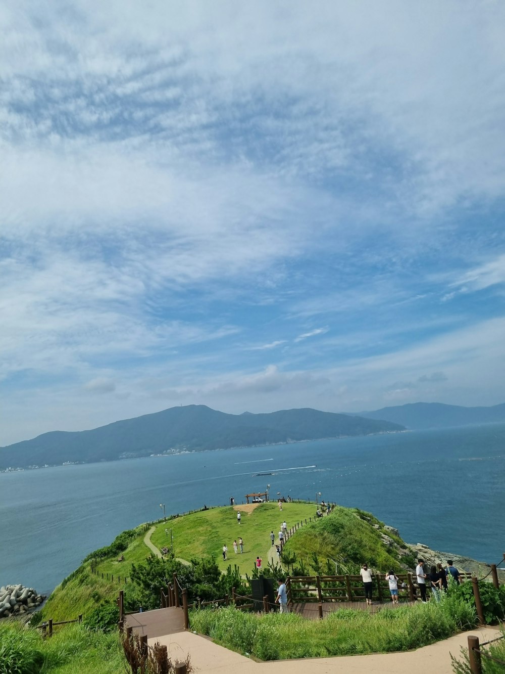 a group of people standing on top of a lush green hillside