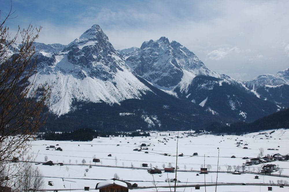 a snowy landscape with mountains in the background