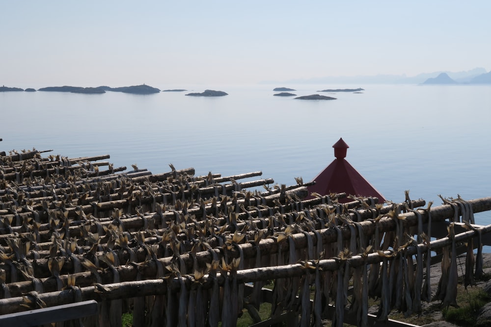 a wooden fence with a red top on the water