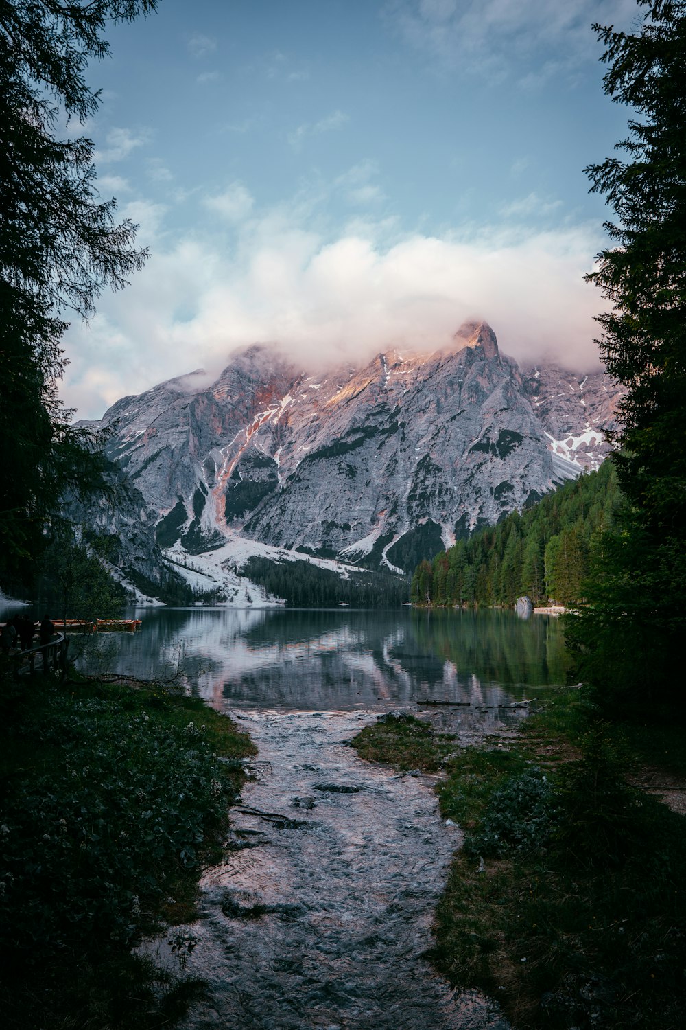 a river running through a forest next to a mountain