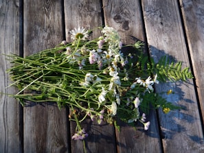 Delicate wildflowers and crystals arranged on a rustic wooden altar under soft sunlight