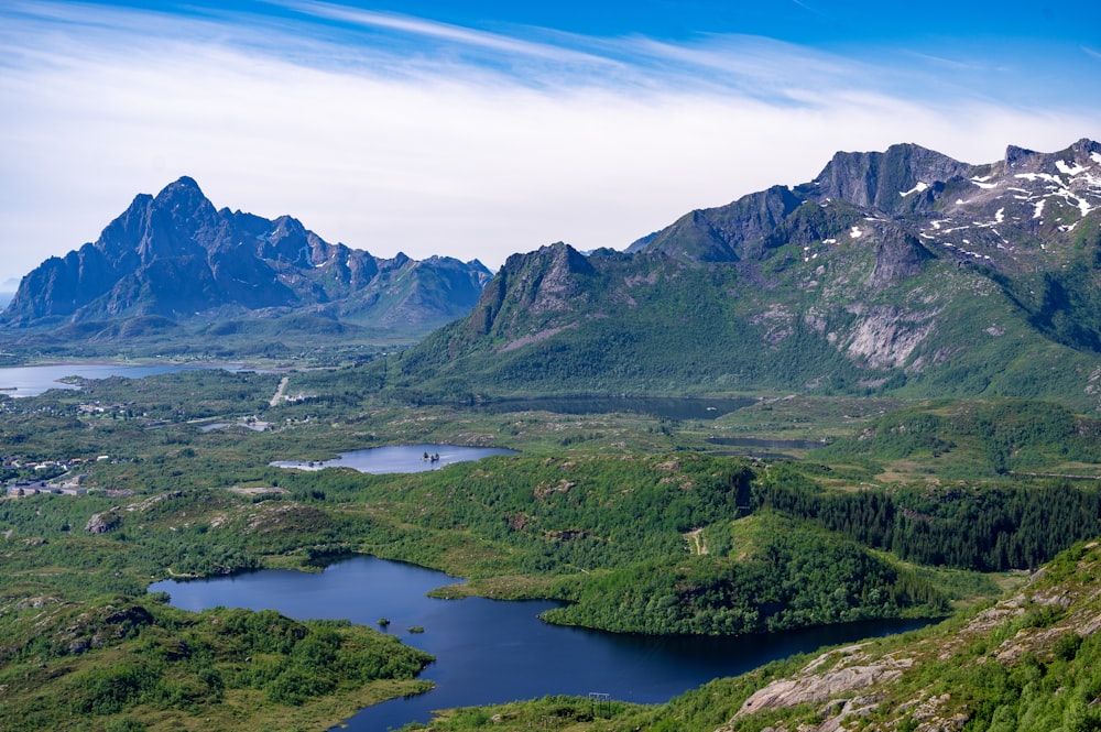 a view of a mountain range with a lake in the foreground