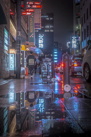 Nighttime cityscape of Tokyo with glowing neon lights reflecting on wet streets.