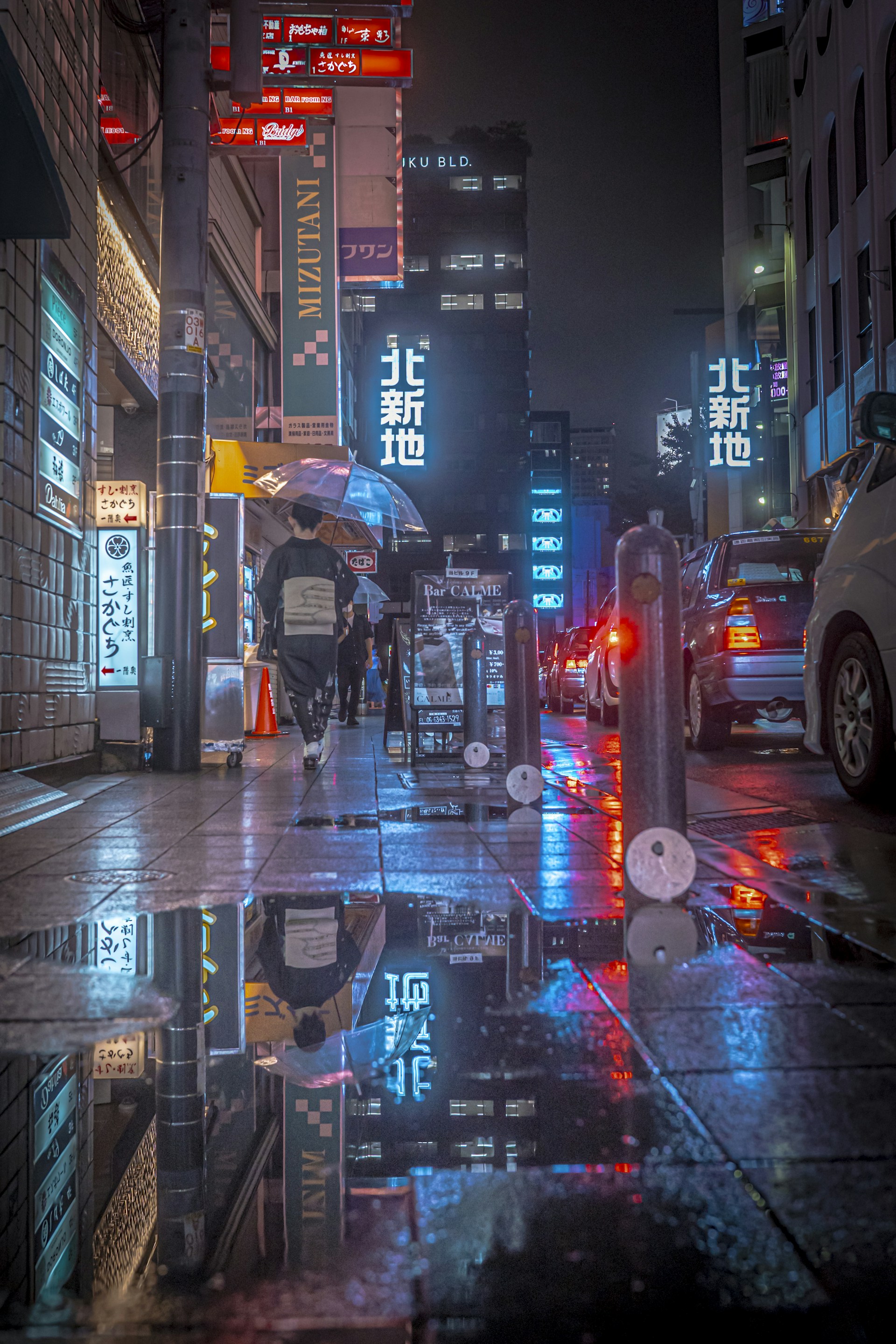 A neon-lit street in Tokyo at night, rain glistening on the pavement with blurred reflections of colorful signs.