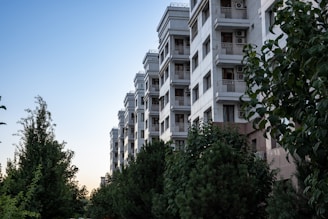 A multi-story residential building with a modern design stands beside a green area filled with various trees and shrubs. The building features balconies with railings and air conditioning units, contrasting against a clear sky as evening approaches.