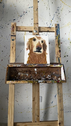 A wooden easel displays a painting of a dog with a brown and white fur. The background is a splattered paint wall with various colors. The easel is equipped with a tray holding various paint smudges.