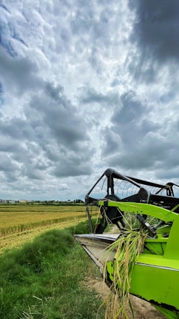A vibrant green agricultural machine with a cutting mechanism is harvesting crops in a vast golden field under a dramatic sky filled with white and gray clouds. The landscape stretches into the distance with green grass lining the path.