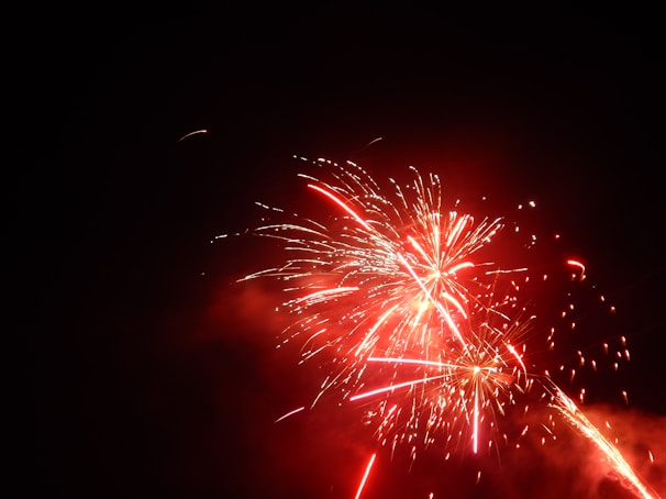 Bright red fireworks burst against a black night sky, with dazzling trails and sparks creating a vibrant display. The explosive lights form patterns and illuminate the surrounding smoke.