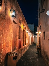 A mysterious alleyway illuminated by warm street lamps, inviting exploration.