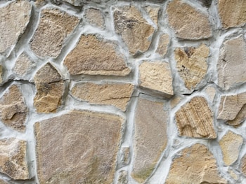 A close-up view of a stone wall with irregularly shaped stones set in light gray mortar. The stones vary in size and texture, featuring shades of beige, tan, and light brown.