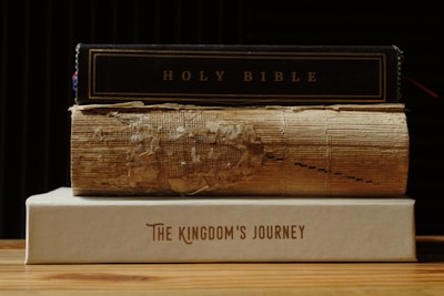 A stack of three books is placed on a wooden surface. The top book is titled 'HOLY BIBLE' with a dark cover. The middle book appears old and worn, with noticeable damage and frayed edges. The bottom book has a clean beige cover and is titled 'THE KINGDOM'S JOURNEY'.