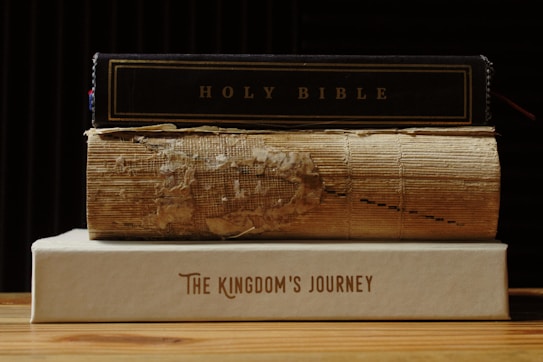 A stack of three books is placed on a wooden surface. The top book is titled 'HOLY BIBLE' with a dark cover. The middle book appears old and worn, with noticeable damage and frayed edges. The bottom book has a clean beige cover and is titled 'THE KINGDOM'S JOURNEY'.