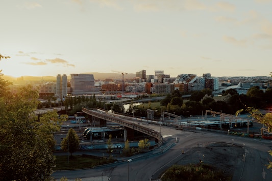 a view of a city with a bridge in the foreground