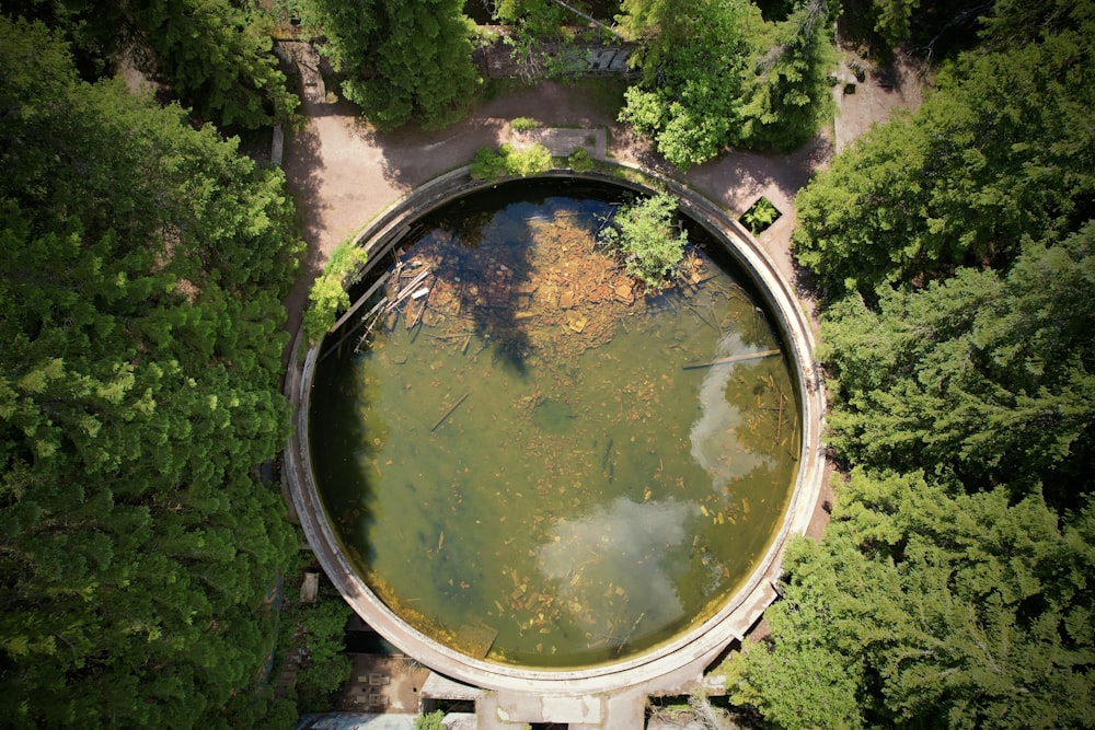 an aerial view of a pond surrounded by trees