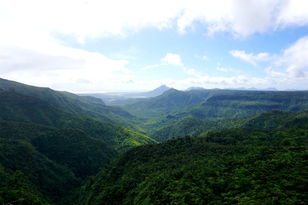 a scenic view of a valley with mountains in the background