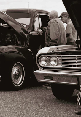 Club members chatting beside their classic cars, sharing stories and smiles.