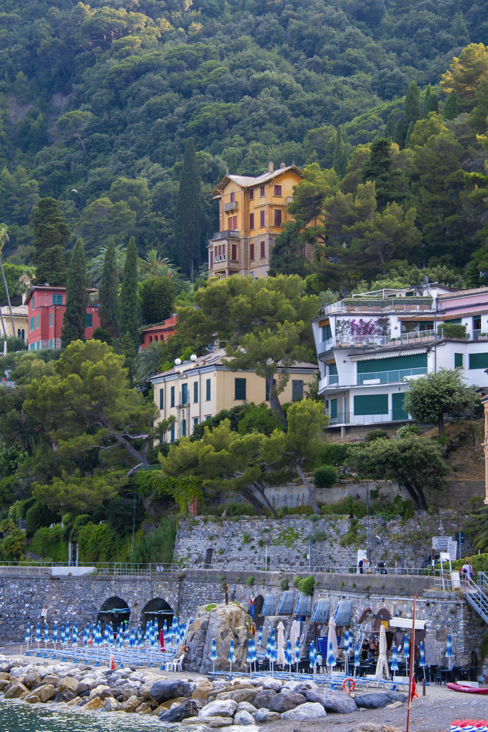 a row of houses sitting on top of a lush green hillside