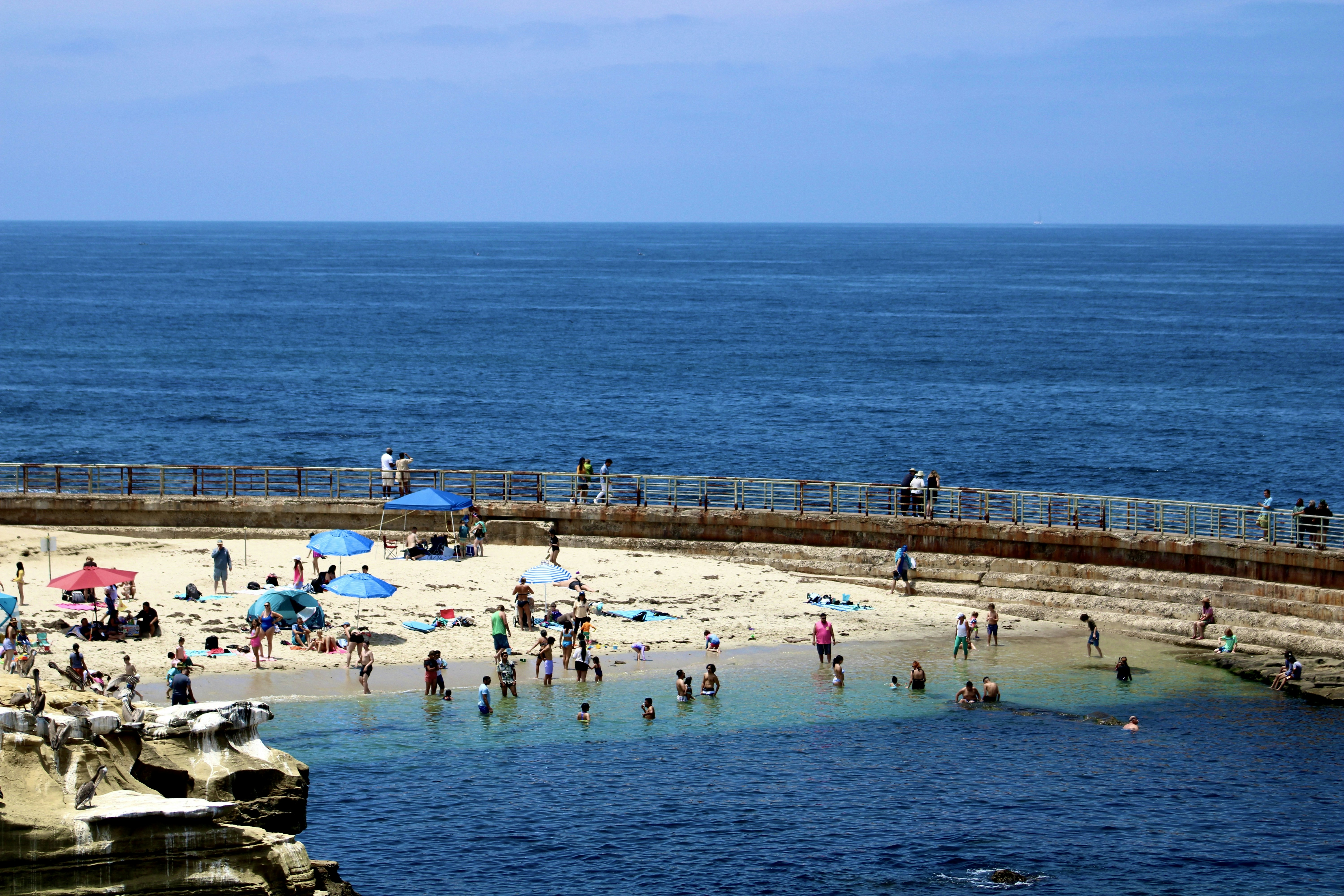 a group of people standing on top of a sandy beach