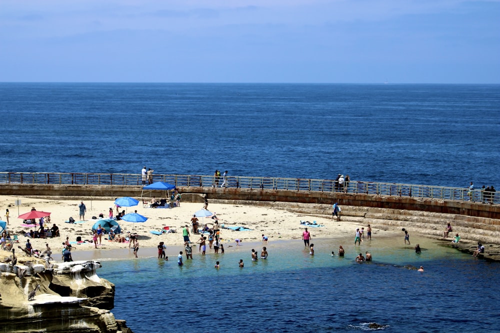 a group of people standing on top of a sandy beach