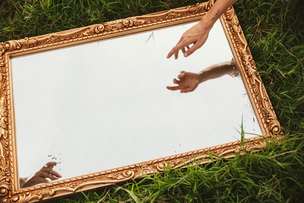 A gold-framed mirror lying in the grass, a hand reaching toward it and meeting its own reflection