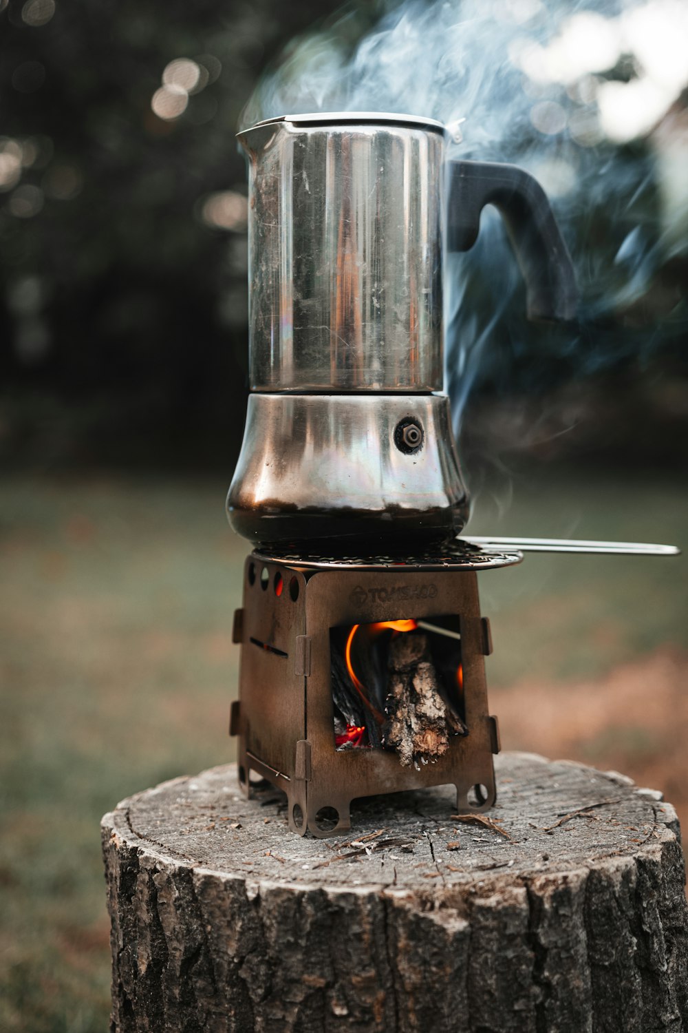 a stove that is on top of a tree stump