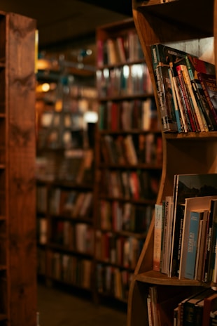 A cozy, dimly-lit library or bookstore aisle features shelves filled with a variety of books. The books are neatly arranged, and the wooden shelves add a warm, rustic feel. The atmosphere suggests a tranquil space ideal for reading or exploring literature.
