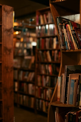 A cozy, dimly-lit library or bookstore aisle features shelves filled with a variety of books. The books are neatly arranged, and the wooden shelves add a warm, rustic feel. The atmosphere suggests a tranquil space ideal for reading or exploring literature.
