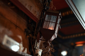 An antique-style lantern with a dim glow hangs against a textured wall. Vines and rustic elements are visible, creating a vintage ambiance. The background appears blurred, with warm tones accentuating the atmospheric setting.