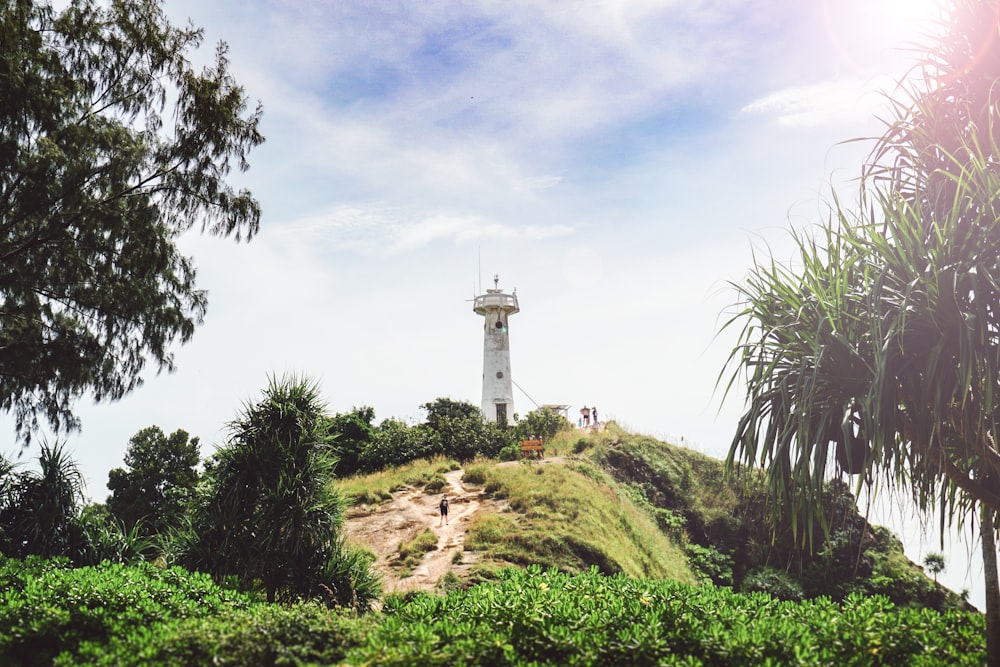 a light house on a hill surrounded by trees