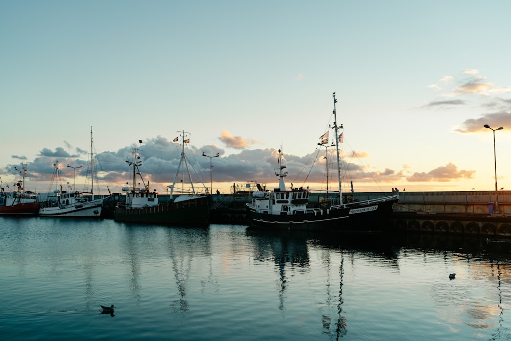 a group of boats that are sitting in the water