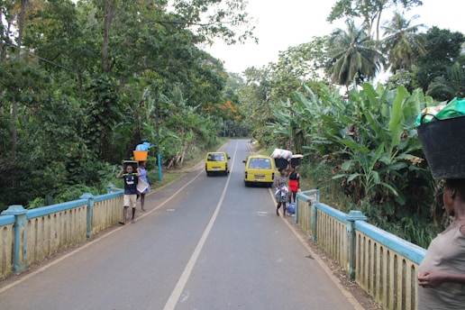 A rural road flanked by lush green vegetation on both sides. Two small yellow vehicles are seen driving along the road, with several people walking, some of them carrying baskets or goods on their heads. The road features a simple bridge with blue railings.