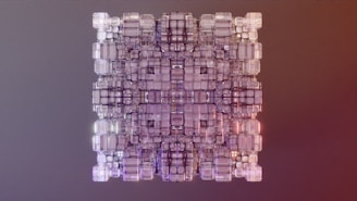 A symmetrical arrangement of transparent, three-dimensional cubes forms a geometric pattern. The cubes vary in size and are intricately stacked, creating a visually complex structure. The background is a gradient of neutral and warm tones.