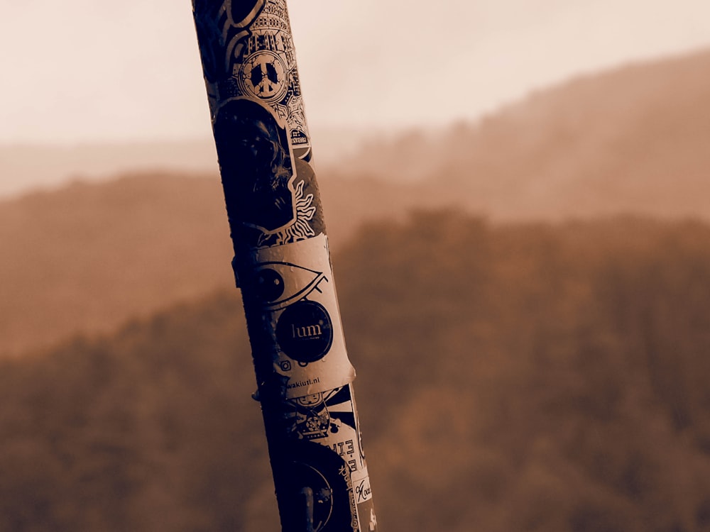 a close up of a baseball bat with a mountain in the background