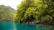 Lush green trees and vegetation line the edge of a turquoise body of water. Rocky cliffs covered with thick foliage are visible in the background, creating a natural, serene setting.