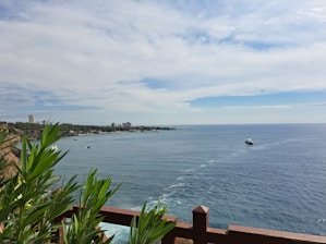 A scenic view of a ship at sea with an airplane flying above.