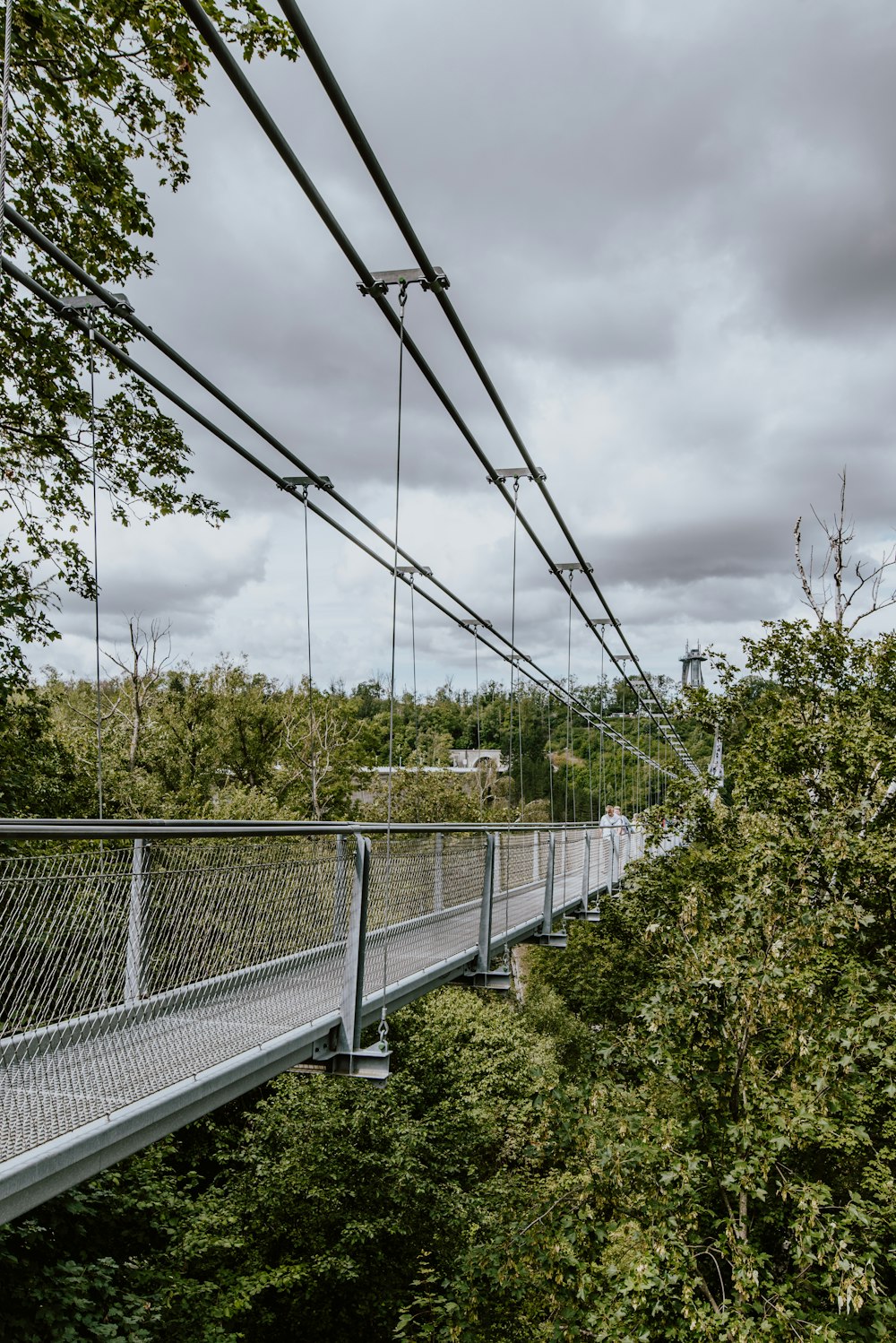 a long suspension bridge over a lush green forest