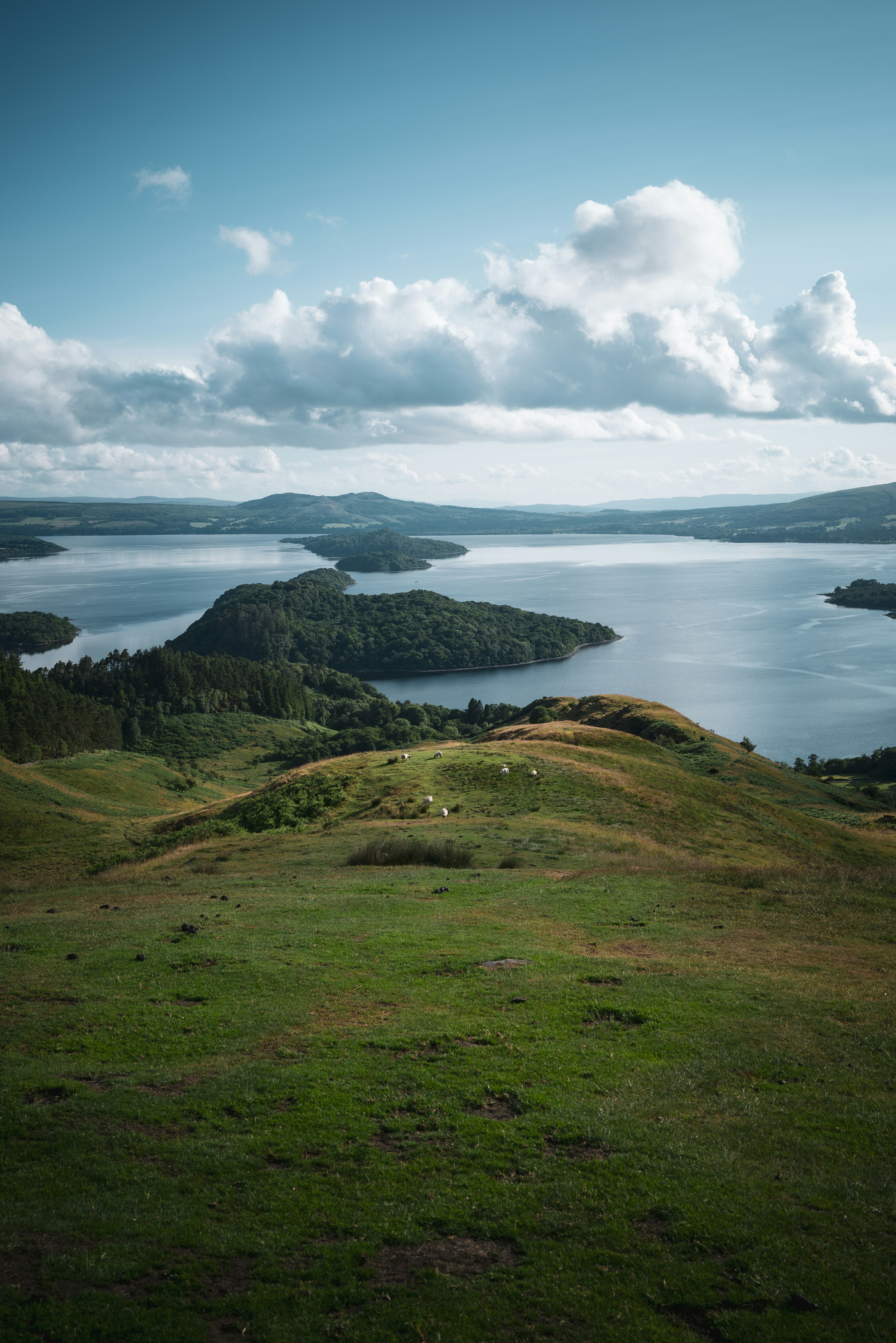 a grassy hill with a lake in the background