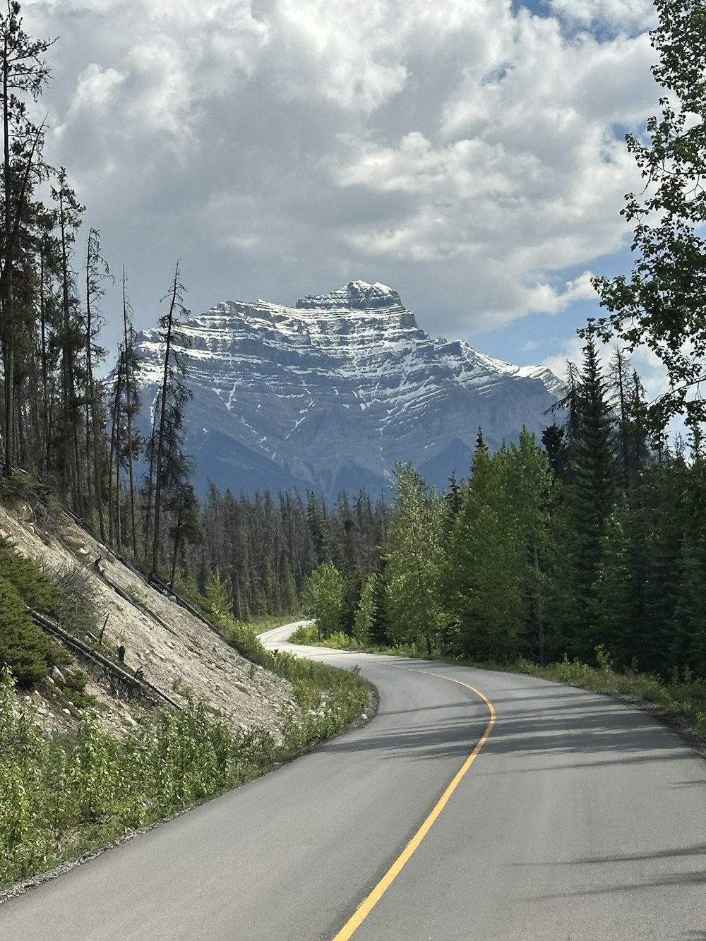 a road with a mountain in the background