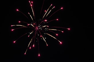 Bright trails of light radiate outward from a central point, with glowing pink tips against a dark background. The radiating patterns resemble an explosion or a burst of energy.