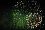 The subtle green bunny skull logo glowing faintly behind a dazzling fireworks display.