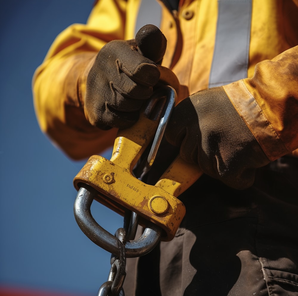 a man holding a chain hoist in his hands