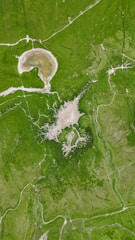 an aerial view of a green field with water