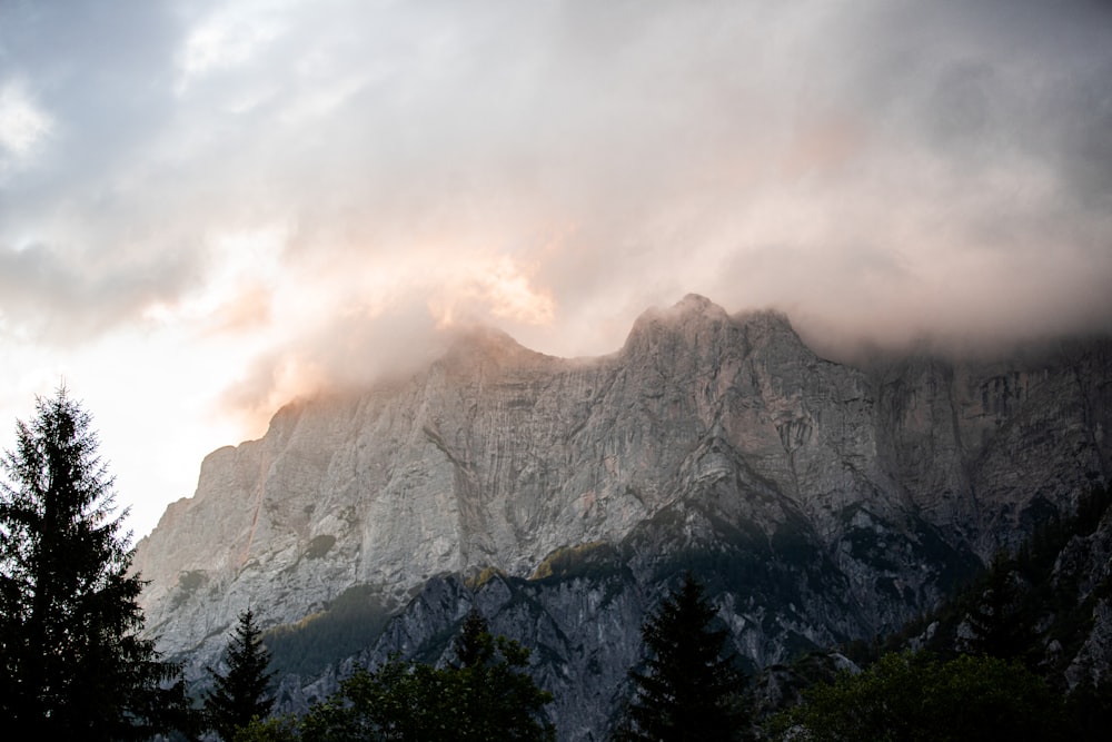 a mountain covered in clouds and trees under a cloudy sky