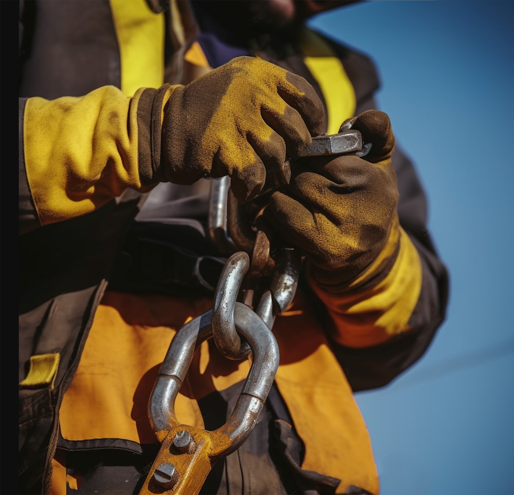 a man in a yellow jacket holding a chain