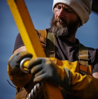 A bearded man wearing a beanie and rugged work clothes is engaged in manual labor. He is handling a yellow, heavy-duty tool or machinery part with gloved hands. The setting appears to be outdoors, under a clear blue sky.
