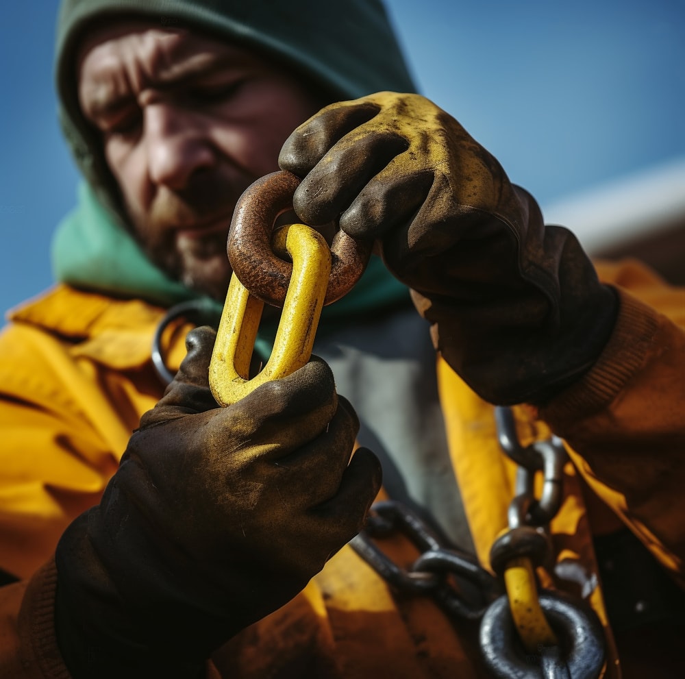 a man in a yellow jacket holding a yellow chain